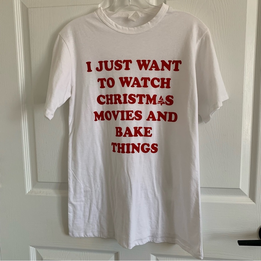 White Graphic Tee with Red Holiday Script Christmas Cotton-blend Large Soft NWOT